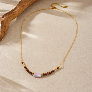 Golden stainless steel chain necklace with tiger eye beads and purple pearl pendant