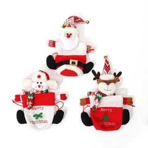 Set of 3 knitted Christmas gift bags featuring Santa, Snowman and Reindeer with drawstrings