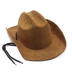 Detail of brown suede cowboy hat with adjustable black wind cord and plastic buckle