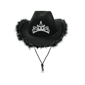 Black western cowboy party hat with feather trim and a sparkling rhinestone crown design
