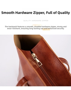 Macro view of smooth gold zipper and stitching on caramel brown vintage leather bag