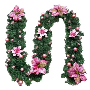 2.7m Deluxe green Christmas garland with pink poinsettias and rose gold ornaments