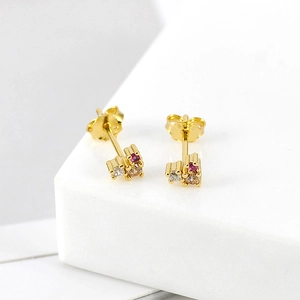 Detailed close-up of S925 silver gold-plated stud earrings with pink and clear zircons