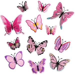 Set of 11 colorful butterfly embroidery patches with pink and purple floral thread textures