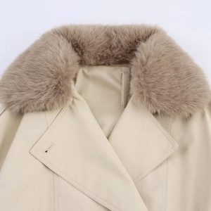 Short khaki trench coat with premium faux fur collar and detailed stitching for women
