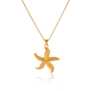 Gros plan d'un collier pendentif étoile de mer doré en acier inoxydable poli brillant