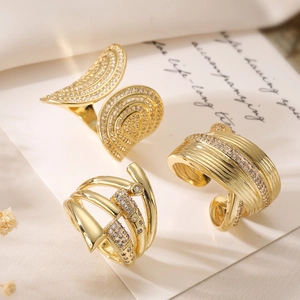 Open Adjustable Ring Gold Plated Copper Cubic Zirconia Geometric Irregular Layered Crossover Fashion Jewelry Women