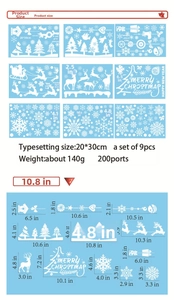 Size guide for Christmas window stickers including Santa, reindeer, and snowflakes patterns