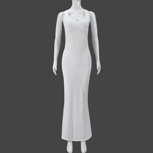 Detail of white sleeveless maxi dress featuring sheer mesh patchwork and deep V-neckline