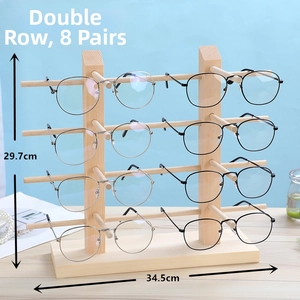 Pine wood double-row eyewear display stand for 8 pairs, 34.5cm width by 29.7cm height