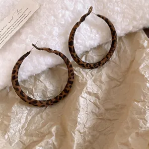 Retro leopard print flocking hoop earrings in brown and black tones for women