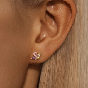 Detailed macro view of S925 sterling silver butterfly stud earrings with colorful zircons