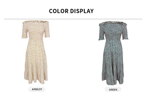 Farbvarianten für das florale schulterfreie Kleid in Aprikose und Grün