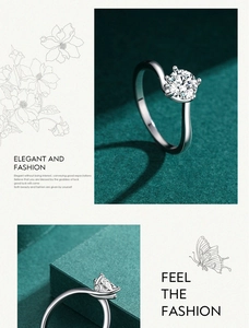 Macro detail of sparkling S925 sterling silver ring with brilliant round diamond setting