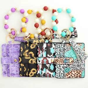 Silicone bead wristlet keychain with PU leather card holder and tassel in various patterns