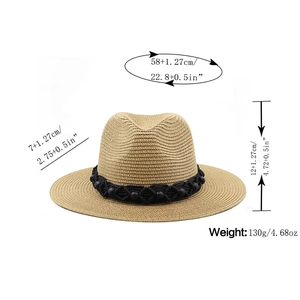 Straw fedora hat with black beaded band details and precise measurement dimensions