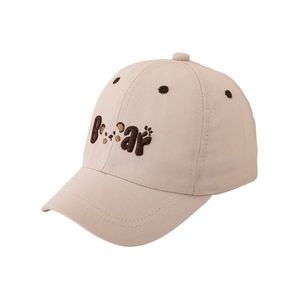 Kids beige cotton baseball cap featuring embroidered bear text and cute paw prints