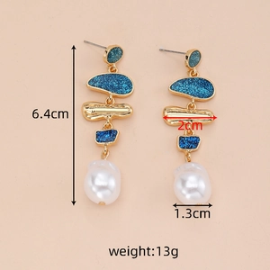 Detailed size specifications for gold geometric earrings with blue glitter and pearls