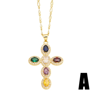 Cross pendant necklace with colorful oval gemstones and white zircon in gold plating