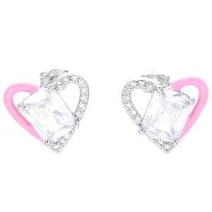 Pink heart stud earrings with rectangular clear gemstone and micro-pave crystals