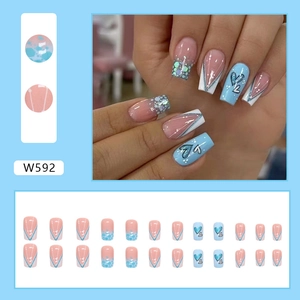 Blue heart glitter press-on nails set with medium-long square shape and 24 pieces