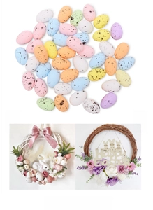 Macro detail of multicolored speckled foam eggs on a rustic Easter wreath decoration