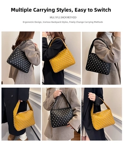 Detailed views of punk-style studded leather handbag in black and yellow color options