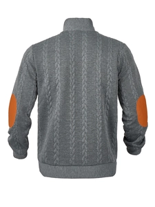 Rear view of grey knit sweater showing orange elbow patches and ribbed hem details