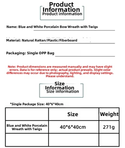 Detailed size and material specification chart for the blue porcelain floral wreath