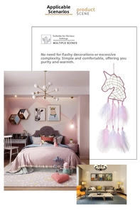 Detail of pink unicorn dream catcher with soft feathers and beads for wall decor