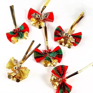 Set of 6 Christmas bow ornaments with bells in red, green and gold festive designs