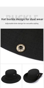 Detail of the metal side buckles on a black checkered outdoor sun hat for two styling options
