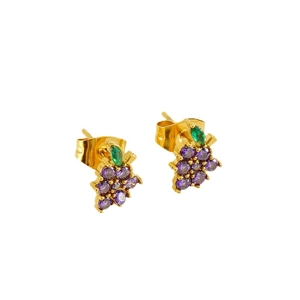 18K gold-plated grape earrings with purple crystals and green leaf on white background