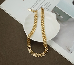Detail of a gold mesh chain necklace with lobster clasp and adjustable extension link