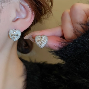 Elegant zircon heart cross stud earrings with silver pins and premium gold plating for women