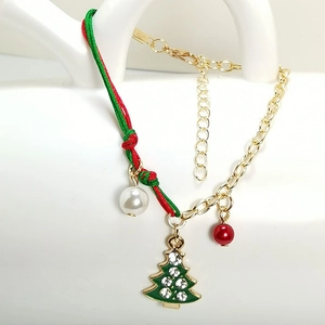 Adjustable Christmas bracelet with Santa tree charms, red weave and golden chain