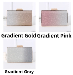 Detailed comparison of gradient glitter evening clutch bags in gold, pink, and grey colors