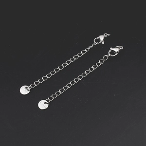 Macro detail of stainless steel extension chain with lobster clasp and S.Steel tag