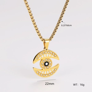 Detailed view of gold evil eye pendant with dimensions 22mm width and 60cm chain length