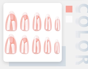 Detail view of almond-shaped gradient nude pink press-on nails set on display board