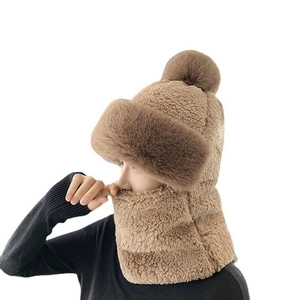 Winter khaki plush hooded scarf and earmuffs set for women with soft faux fur texture