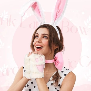 Detail of white furry rabbit ears headband, pink bow tie, and plush embroidered gloves