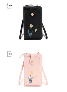 Detail of tulip floral print crossbody phone bags in black and pink faux leather