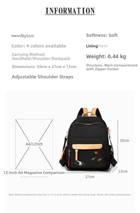 Detailed dimensions of a black nylon backpack with rabbit embroidery, 30x27x13cm