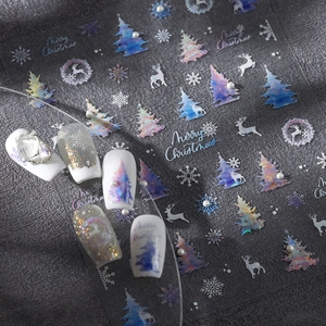 Christmas Nail Art Stickers 3D Self Adhesive Holographic Laser Deer Snowflake Tree Winter Manicure DIY Decoration