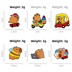 Cute capybara enamel brooch size chart showing dimensions and weight for various alloy badge styles.