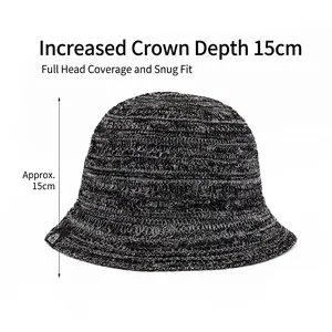 Women breathable knit bucket hat in black grey with 15cm deep dome and wide sun shade