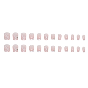 Pink French ombre press-on nails with marble texture and pearl accents, 24-piece set