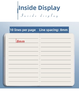 Macro detail of A7 notebook inner pages featuring 10 lines with 8mm spacing for writing