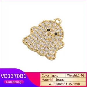 Cute gold ghost pendant in brass with sparkling white zircon and heart-shaped mouth
